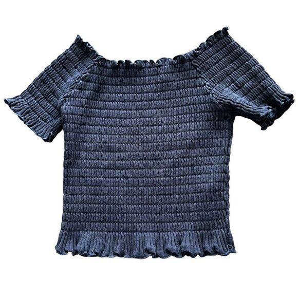 Moussy Navy Blue Smocked Boat Neck Off Shoulder Crop Top Size 1 Y2K Coastal - Picture 1 of 7